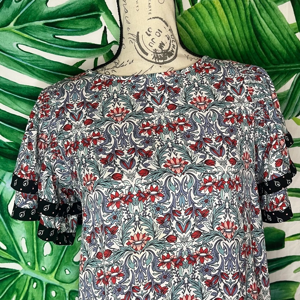Loft XS Maximalist Floral Leaf Print Office Spring Tiered Ruffle Sleeve Blouse